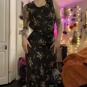 Vintage Y2K Whimsigoth Maxi Dress Gold Floral Shimmer Column Gown Lg